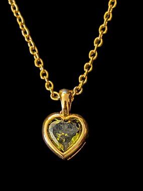 Whistles Gold Plated Green Crystal 9.5mm Dainty Heart Pendant 18.25" Necklace
